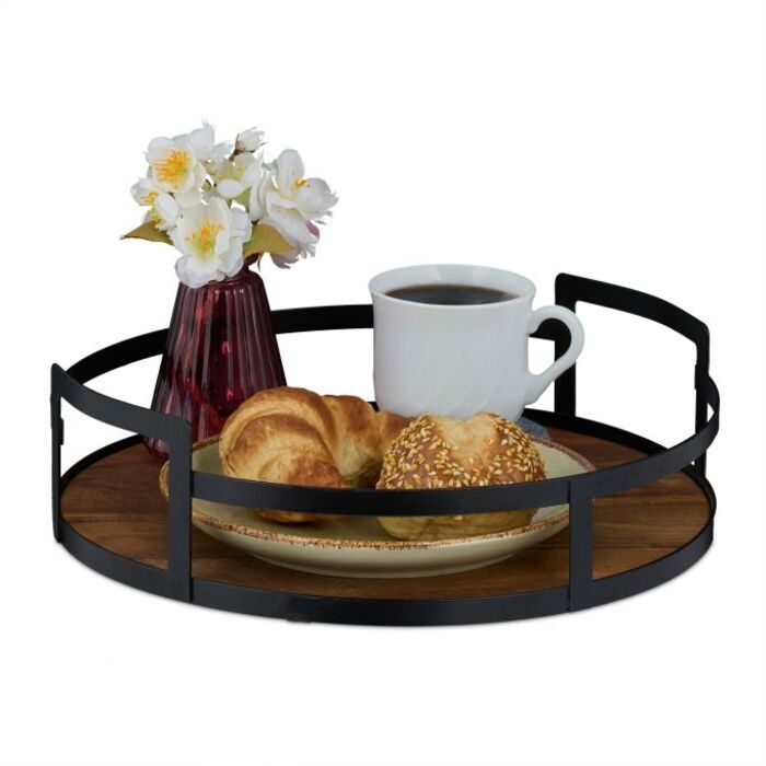 Relaxdays Round Tray Wood and Metal