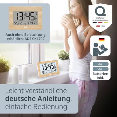 Digital XL Radio Clock with Very Large Digits | Alarm Clock with 2 Alarm Times and Backlight | Thermometer Hygrometer | Slim Frame Made of Real Bamboo