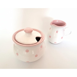 Sugar and Milk Set, White Milk Jug and Sugar Bowl with Hand-Painted Pink Dots, Sugar Bowl with Lid, Cream Jug made of Ceramic, Dishwasher Safe.