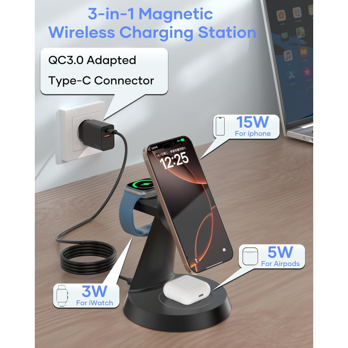 3-в-1 Індукційна Зарядка для iPhone, AirPods та Apple Watch (15W, чорний)