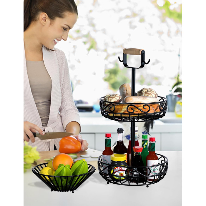 Двоярусний кошик для фруктів Couwilson з підвіскою для бананів та дерев'яною ручкою - органайзер для фруктів, овочів, хліба, цибулі, картоплі (Чорний)