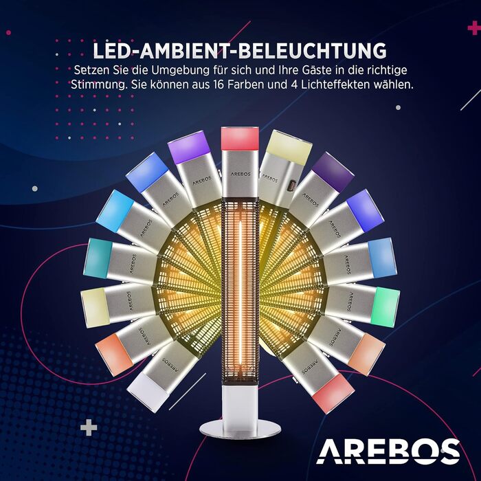 Електричний інфрачервоний обігрівач Arebos 1500W для тераси | з LED-підсвічуванням та пультом керування | Сріблястий колір | Обігрівач на вугільному інфрачервоному випромінюванні