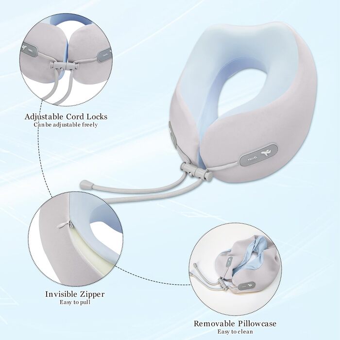 Подушка для шиї з Memory Foam, подушка для подорожей (літак, авто, поїзд, автобус, офіс), зручна підтримка голови та шиї, знімний чохол (Рожевий, Сірий)
