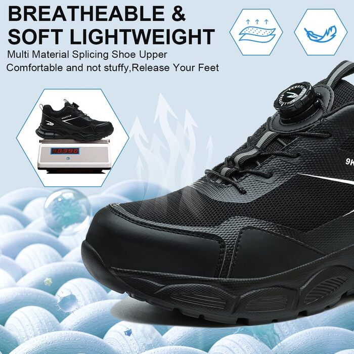 Черевики робочі чоловічі/жіночі легкі, з металевим носком, дихаючі, антиковзкі, чорні, 38-46 EU