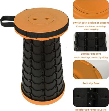 Крісло-телескоп для кемпінгу, регульована висота 6-45 см, вантажопідйомність 181 кг, портативне з ременем для перенесення (Помаранчеве - 1 шт.)