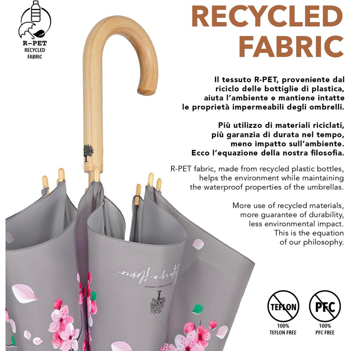 PERLETTI Green Eco Women's Umbrella - Large Automatic Rain Umbrella with Recycled Materials & Cherry Blossom Design