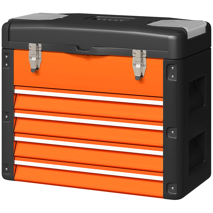 HOMCOM Empty Tool Box, 49.7 x 25.3 x 40.7 cm Tool Chest with 4 Drawers, Mini-Box, Top Storage Compartment, Handle, Steel Tool Case, Orange | Aosom