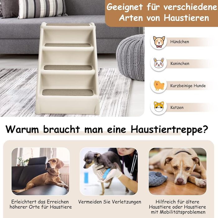 Сходинка для тварин GYMAX з 4 сходинками, розкладні сходи для собак і котів з антиковзкими підкладками, 4 килимки та трикутна структура (Бежевий)