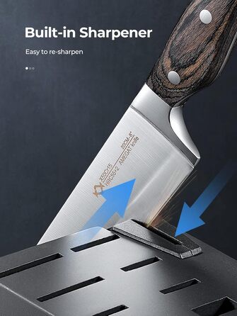 AMEGAT Self-Sharpening Knife Block Set with Carving Fork - Premium Stainless Steel Knife Set with Wooden Block - Vollerl & 3-Rivets Design