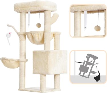 Котячий будиночок Heybly Kratzbaum: 100 см, з платформою, печерею, 2 гамаками та іграшками. Активний котячий будиночок, HCT006SG (Бежевий)