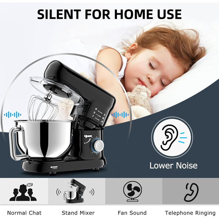 Кухонна машина-міксер з чашею 6.5л з нержавіючої сталі, 2000W, 6 швидкостей, для тіста та міксування, з набором насадок (вічорник, гак для тіста, вінчик) та захистом від бризок, чорна