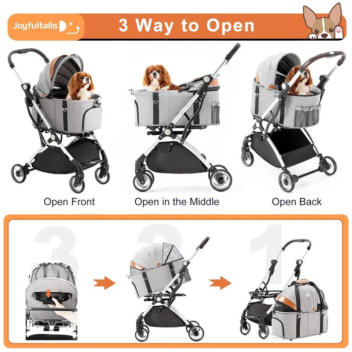 Візок для собак 3 в 1, візок для котів до 15 кг, сірий. Складаний візок для собак та котів з сумкою-переноскою, для маленьких та середніх тварин. З дощовим покриттям