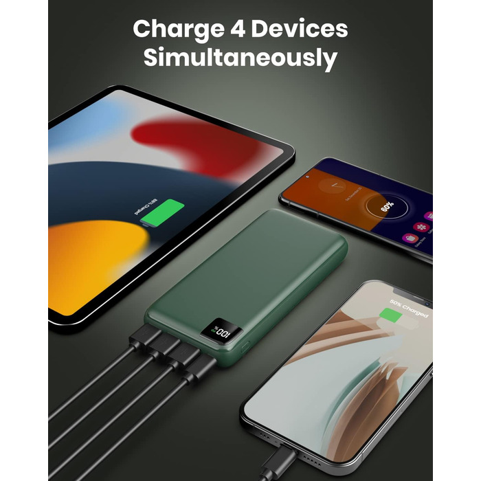 Power Bank Bilivein 27000mAh з LED дисплеєм: швидка зарядка 22,5W, PD/QC, USB-C, для телефонів та планшетів (зелений)