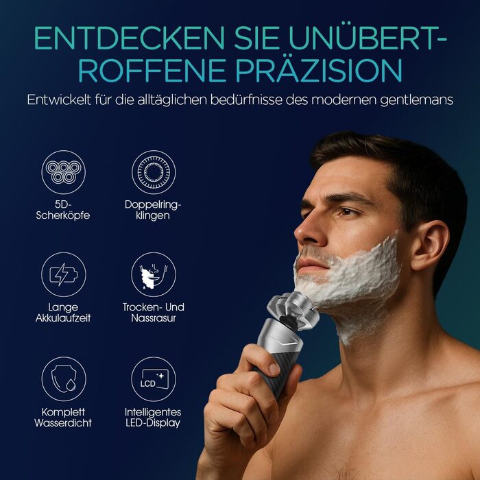 Електричний гоління для чоловіків VOYOR TX500: 5D, мокрий/сухий, бездротовий, LED дисплей, 150 хв роботи (чорний)