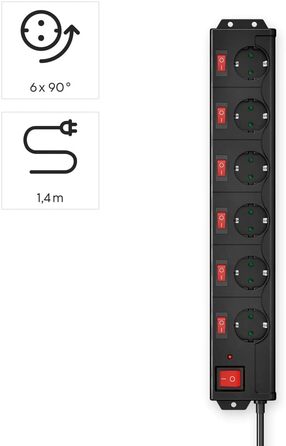 Розподільник розеток Hama з індивідуальним керуванням, захистом від перенапруги, 6 розеток, поворот на 90°, чорний, 1.4м кабель