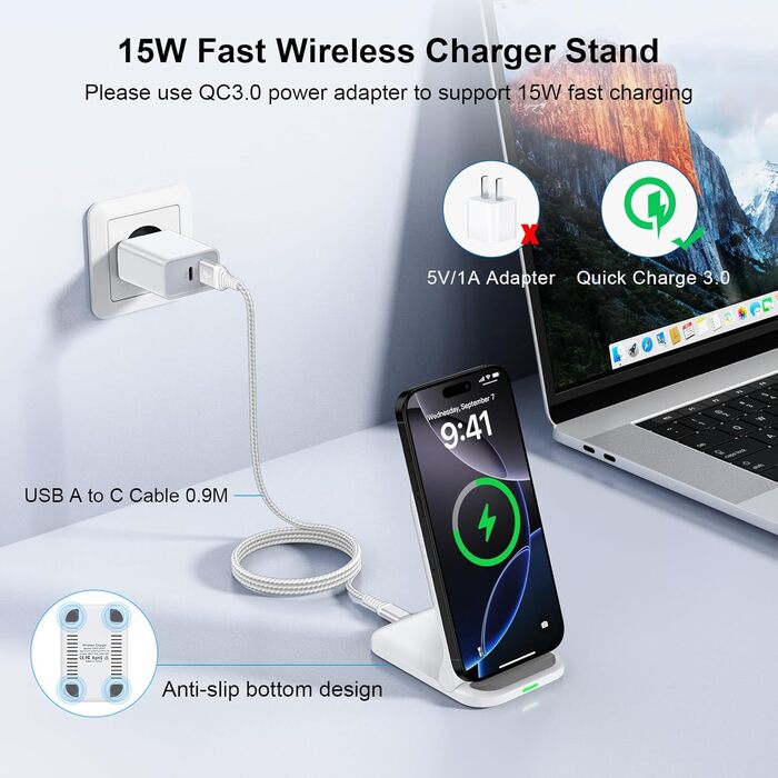 Бездротова зарядка 15W Stand для Samsung Galaxy S25 Ultra, S24 FE, S23, S22, S21, S20, Z Flip6, Google Pixel 9 Pro, 8, 7, 6, iPhone 16, 15, 14 - швидка складна зарядка (білий)