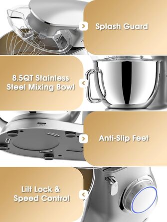 Facelle 2000W 8.5L Stand Mixer - Heavy Duty Dough & Bread Machine with Whisk, Dough Hook, Beater & Splash Guard for Baking Cakes, Cookies & Kneading - 6+ Speed (Silver)