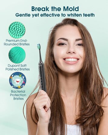 Електрична зубна щітка для дорослих з 6 насадками, перезаряджувана звукова щітка, чорна (1 шт.)