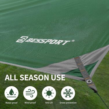 Bessport Waterproof Tarp - 3x4.6m Camping Tarp with Poles, Stakes & Rope - UV Protection, Multipurpose Tent Tarp (Green)