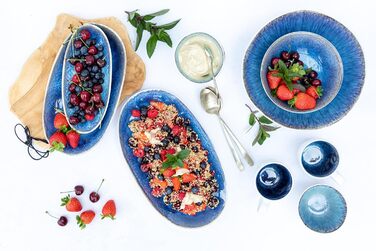 MÄSER Frozen Series Set of 3 Serving Plates, Ceramic Serving Dishes in 3 Sizes, Modern Vintage Look, Colorfully Speckled Glaze, Stoneware, Blue Small