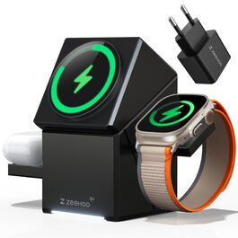 ZEEHOO Зарядна станція 3 в 1 для Apple MagSafe, iPhone 16/15/14/13/12, Apple Watch та AirPods (30W USB-C), Чорний