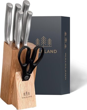 Набір ножів WALDLAND Premium з підставкою – 7 предметів | Набір кухонних ножів з інтегрованим точилом | Матеріал: дуб | Преміум якість