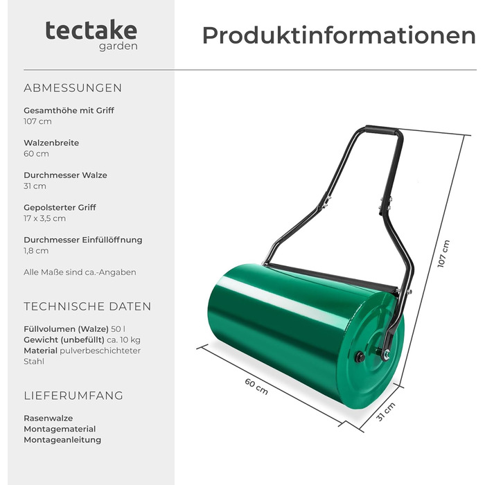 Садовий каток для газону tectake, наповнюваний, 50 л – для ущільнення ґрунту, догляду за газоном, внесення насіння та добрив