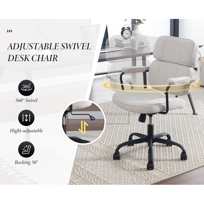 Крісло офісне, комп'ютерне, для дому, з регулюванням висоти, 360° обертання, з підлокітниками, з екошкіри, бежеве