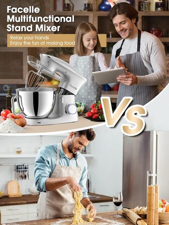Facelle 2000W 8.5L Stand Mixer - Heavy Duty Dough & Bread Machine with Whisk, Dough Hook, Beater & Splash Guard for Baking Cakes, Cookies & Kneading - 6+ Speed (Silver)