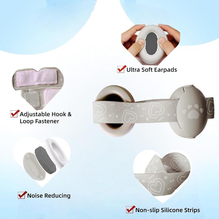 Навушники для захисту від шуму для малюків, сірі. Захист до 25 dB, регульоване антиковзне кріплення до 36 місяців, м'які та легкі.