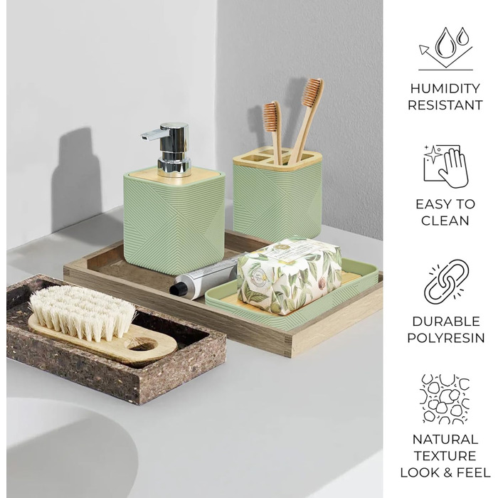 CERBIOR Набір аксесуарів для ванної кімнати, 6 шт., бамбуковий набір для ванної, з дозатором для мила, тримачем для зубних щіток, стаканчиком для зубних щіток, мильничкою для декоративного столу та подарунком для дому (зелений)