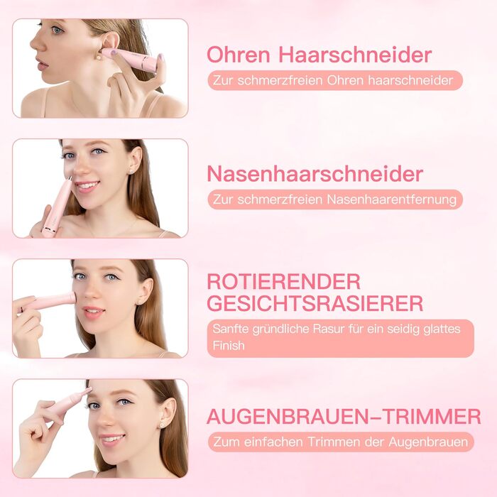 Електричний триммер для обличчя 3-в-1 для жінок: триммер для брів, для гоління та видалення волосся. Вологостійкий, портативний, рожевий.