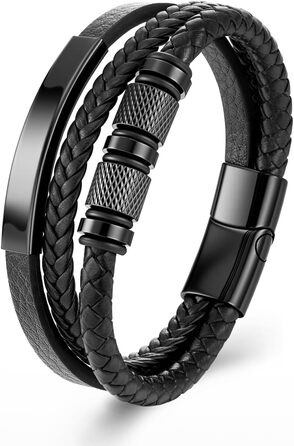 Чоловічий браслет на руці - шкіряний браслет з нержавіючою сталевою магнітною застібкою - плетений шкіряний браслет - браслети для чоловіків як подарунок на день народження, День святого Валентина, Різдво або День батька Чорний 21см