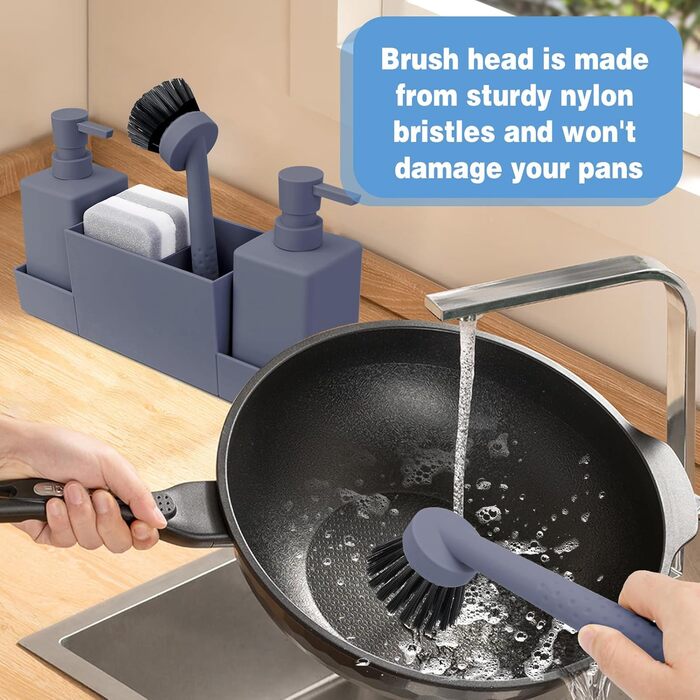 CAUTIOUS 350ml Sink Organizer with Brush, Soap Dispenser Sponge Kitchen Dish Soap Dispenser Set Made of Plastic, Sink Organizer with Two Soap Dispensers, Kitchen Gadget Organizer (gray)