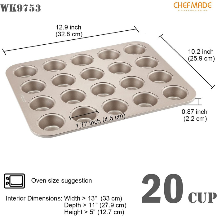 CHEFMADE Mini Muffin Pan, 20-Cavity Non-Stick Tiny Cupcake Pan Baking Pans for Oven Baking (Champagne Gold)