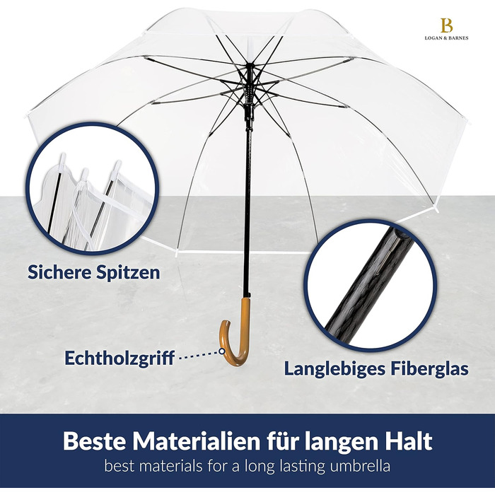 Logan & Barnes Transparent Wedding Umbrella - 120cm Diameter with Real Wood Handle - Elegant Large Umbrella for 2 People - Cardiff Model (XL, Transparent with White Trim)