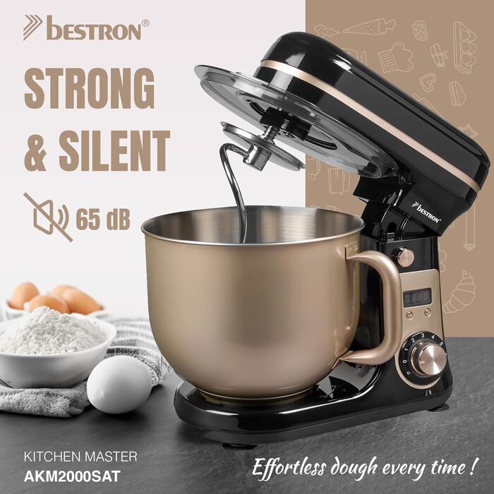 Кухонна машина Bestron Super Silent (65db) з DC-двигуном, 6 літрів, з набором насадок (міксер, гак для тіста, вінчик), 6 швидкостей + Pulse, колір: бежевий