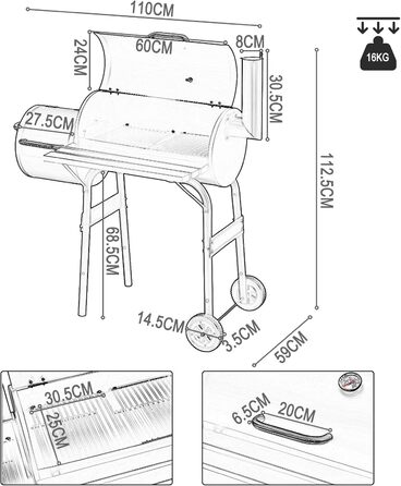 Гриль на вугіллі з кришкою Griller Outdoor, металевий гриль-вагон із колесами та робочою поверхнею, чорний садовий гриль для кемпінгу