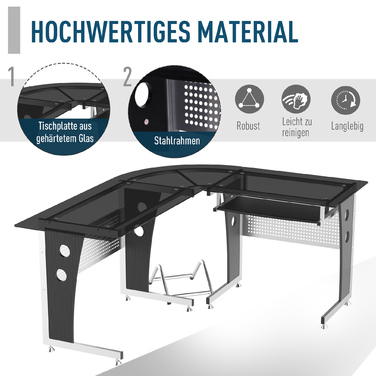 HOMCOM L-Shaped Corner Desk with Black Safety Glass 164x139x75 cm, stylish workspace for home office