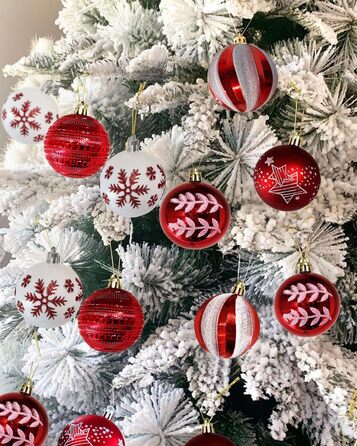 Набір прикрас на ялинку 40 шт. червоно-білі, 6 см, пластикові, з підвісками, небрудні, різноманітні поверхні та візерунки, для внутрішнього та зовнішнього використання