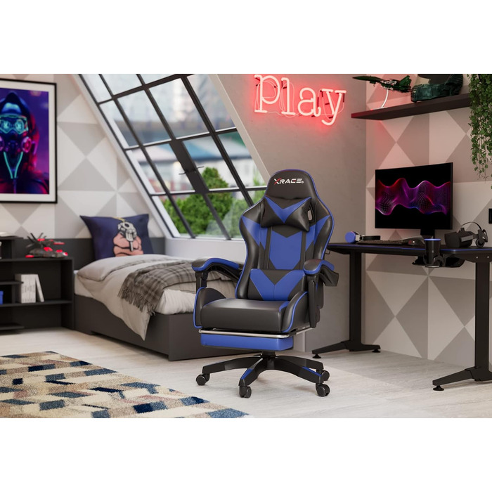 Ігрове крісло xRace Gaming: ергономічний офісний стілець з PU-шкіри та підтримкою попереку, синій (без підніжки)