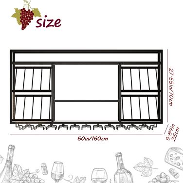 Настінна вітрина для вина з тримачем для келихів, 3-ярусна, металева вітрина в рустикальному стилі для алкогольних напоїв, для домашнього бару, зберігання вина на кухні (Золотий, 160см)