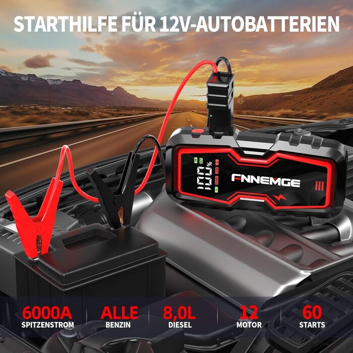 Портативний акумулятор для авто Jump Starter 6000A, 12V, з LED-ліхтариком та HD-екраном
