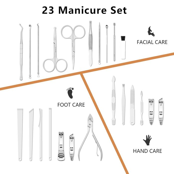 Набір для манікюру та педикюру 23 шт. Професійний набір для стрижки нігтів з нержавіючої сталі з дорожньою косметичкою з шкіри (Золото/Срібло)
