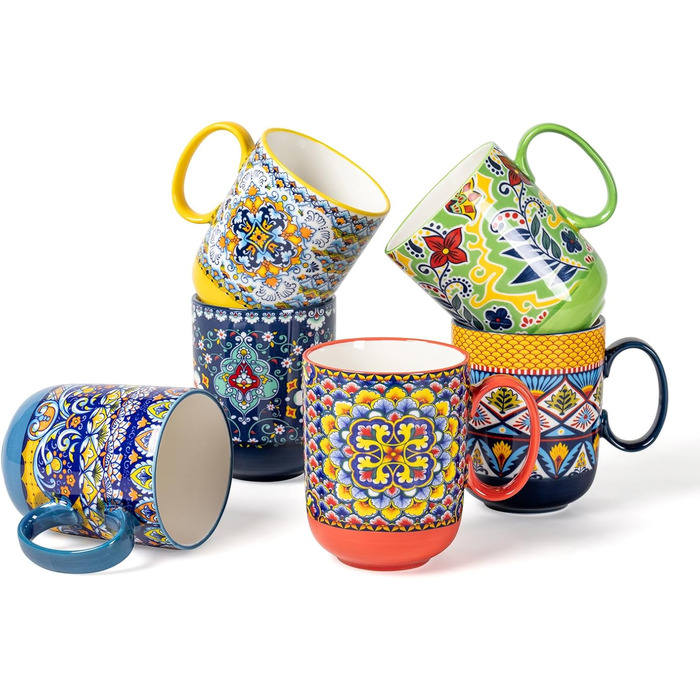 HENXFEN Ceramic Coffee Mugs, 410ml Coffee Cups Set with Handle, Porcelain Mugs for Tea Coffee Milk Cappuccino, Colorful, 6-Pack - Bohemian Style