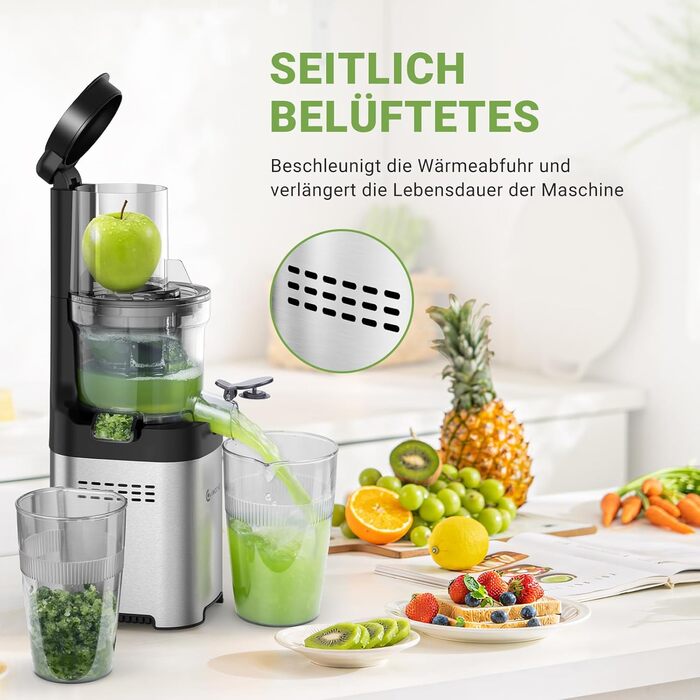 AMZCHEF Juicer, Slow Juicer - 126MM Large Feed Chute for Whole Vegetables and Fruits, Stainless Steel Juicer, Easy to Clean, Large Auger, Double Strainers
