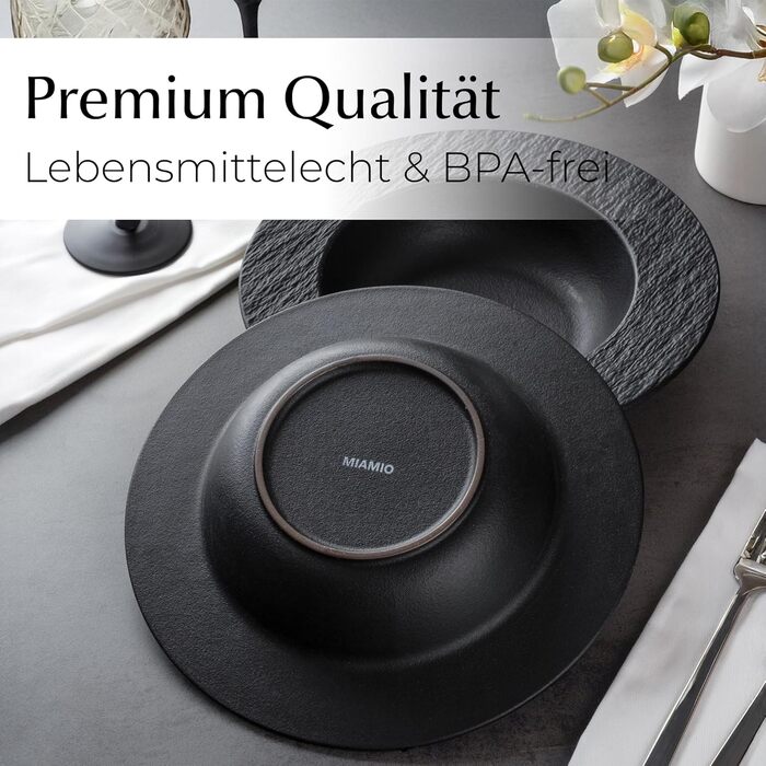 MIAMIO Набір посуду 16 предметів / Сучасний керамічний посуд / Набір для 4 осіб - Колекція Oasis (Чорний) / 16 предметів / Чорний набір посуду з суповими тарілками
