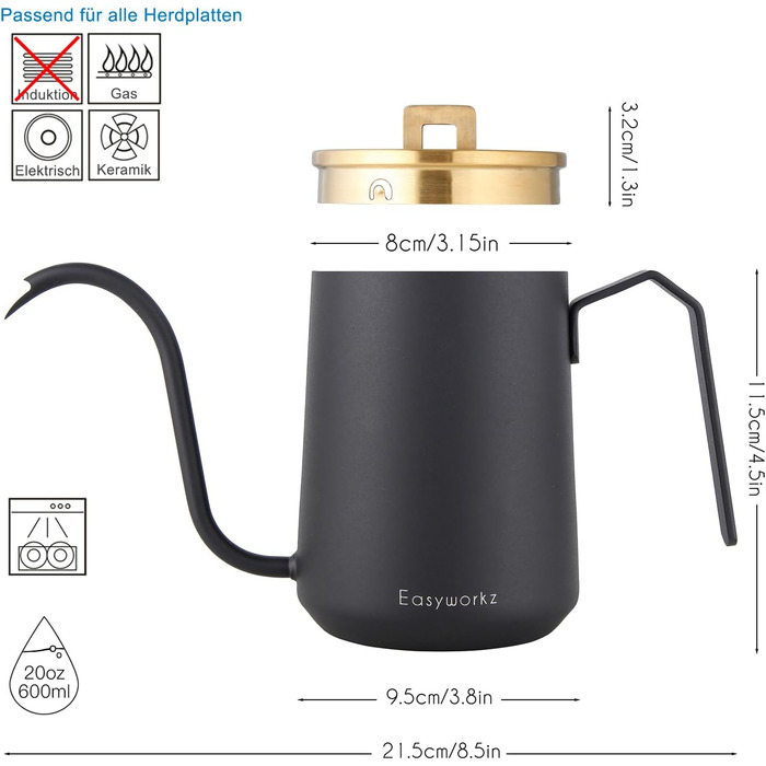 Easyworkz Swan Neck Pouring Kettle 600ml Stainless Steel Hand Drip Coffee Pot with Long Narrow Spout, Brushed Gold Black