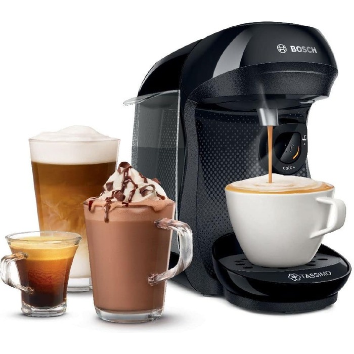 Кавомашина Tassimo Happy TAS1002N від Bosch: понад 70 напоїв, автоматична, для будь-яких чашок, компактна, 1400 Вт, чорний/антрацит
