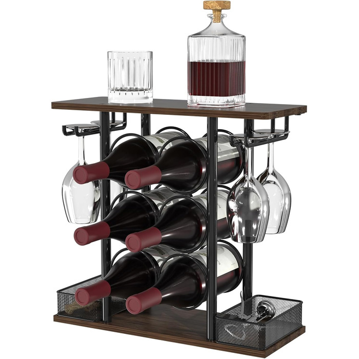 VyGrow Wine Rack with 3 Tiers, Wood and Metal, Easy to Assemble, for 6 Bottles and 4 Glasses at Home, 16 x 41 x 40.2 cm